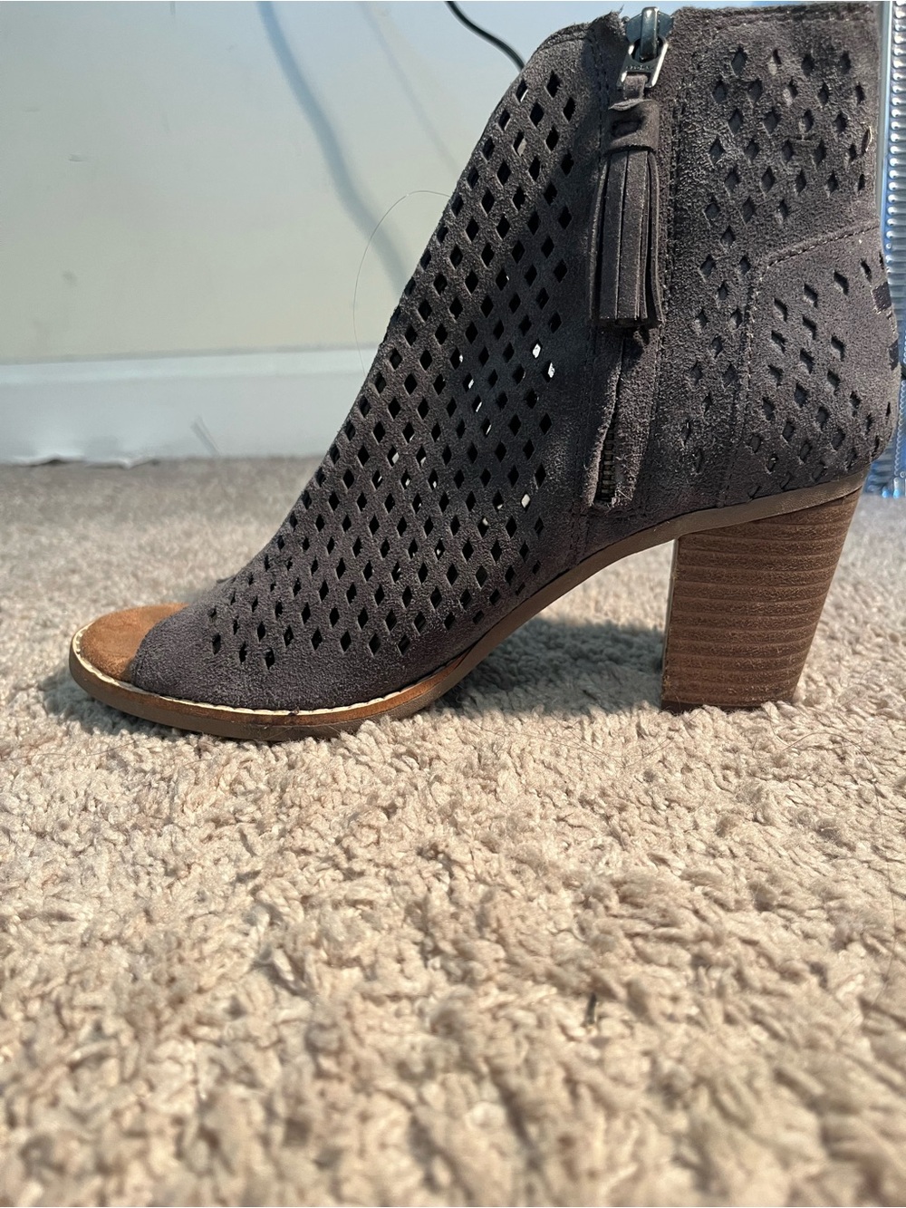 Toms Women’s Gray Suede Perforated Peep-Toe Block Heel Bootie